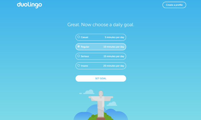 Duolingo asks for goals early on in the process